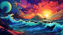 Generative AI, Tropical Beach In The Sunset Linear Illustration, Psychedelic Manga Style, Highly Detailed. Anime Colorful Style.