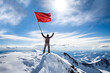 Man on top of a mountain peak covered in white snow, holding a big red flag waving in the wind, standing with arms raised up and his finger pointing to the azure sky and the shining sun