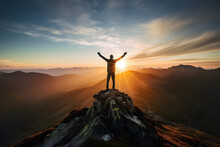 Man Standing On Top Of A Peak With Open Arms, Kissed By The Rays Of A Rising Sun, Facing A Vast Mountain Landscape, Inspiring Freedom And Achievement