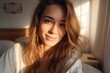 © ChaoticMind - Beautiful Woman Captures Sunrise Selfie in Cozy Bedroom