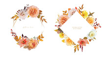 Fall Leaves Flowers Wreath Frame Set. Autumn Wedding Invite, Thanksgiving Greeting Card Design. Watercolor Vector Floral Bouquet. Peach Yellow Rose, Dahlia, Red Berries, Orange Eucalyptus Illustration