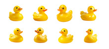 Collection Set Of Yellow Rubber Duck On A Transparent Background.