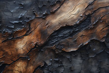 焦げた木の皮をクローズアップして詳細にマクロ背景。A Close-up, Detailed Macro View Of Charred Wood Bark, Revealing A Dark Texture. This Background Showcases The Intricate Patterns Of Burned And Scratched Cork　Generative AI