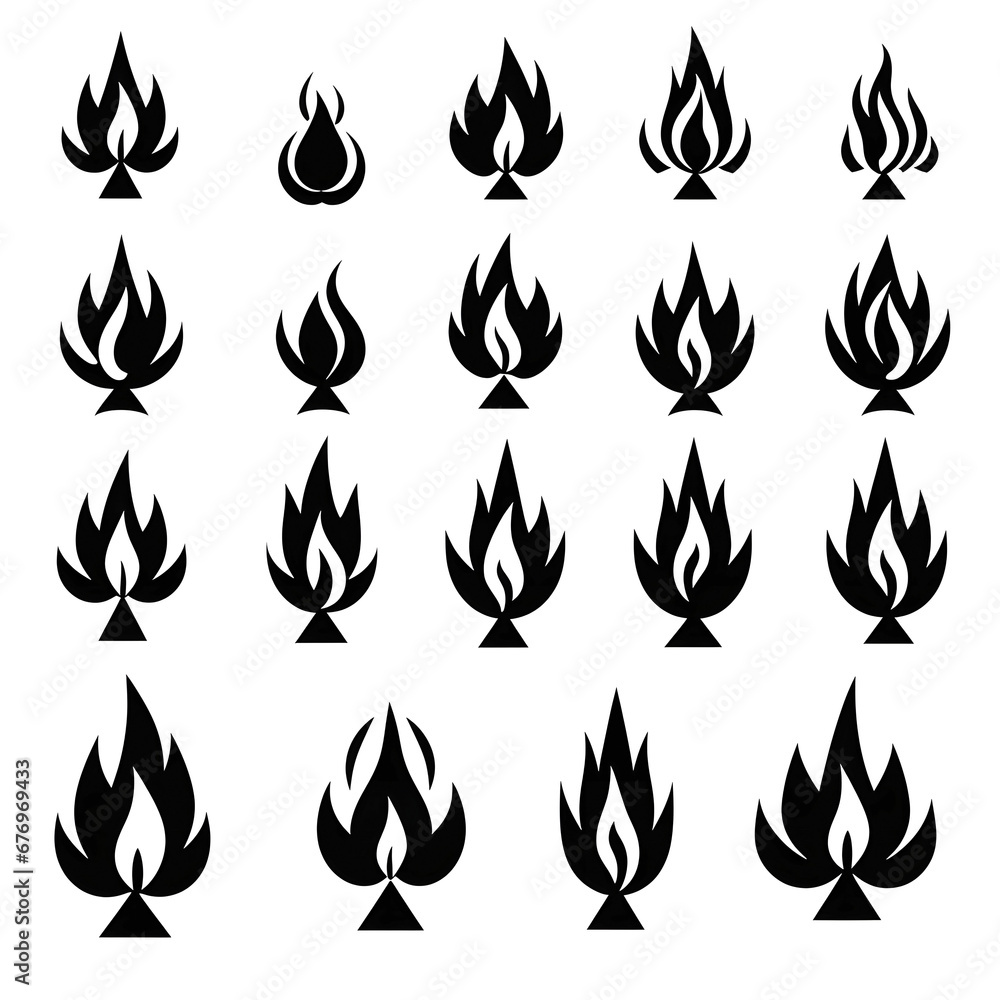 Flat Vector Black and White Fire Flame Silhouette Icon Set. Campfire ...