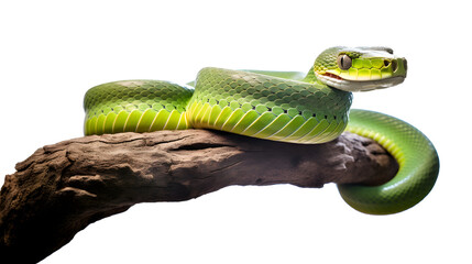 green snake on a tree branch. transparent background