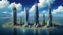 Futuristic city with sleek, towering skyscrapers on a waterfront, under a twilight sky with stars beginning to appear, blending advanced urban development with natural beauty
