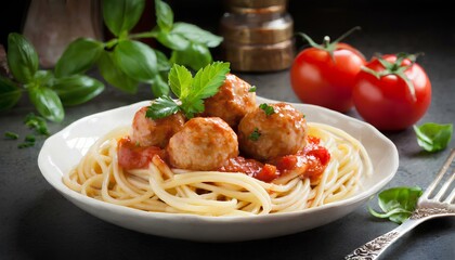 Wall Mural - Selective focus on a plate of spaghetti pasta adorned with succulent meatballs and rich tomato sauce, inviting you to savor the delicious details.