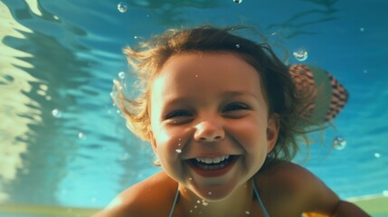 Cute smiling child having fun swimming and diving in the pool at the resort on summer vacation. Sun shines under water and sparkling water reflection. Activities and sports to happy kid