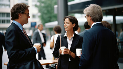 Wall Mural - smiling stylish businesswoman having a cup of coffee with coworkers in a city street  during break time