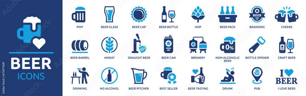 Beer icon set. Containing pint, beer bottle, drinking, hop, brewery ...