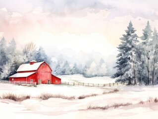 Wall Mural - A red barn in a snowy forest. Christmas watercolor illustration. Card background frame.