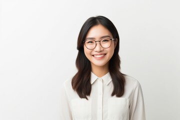 Wall Mural - Image of young asian woman company worker in glasses smiling and holding digital tablet standing over white background, generative ai