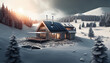 Winterlandschaft mit Berghütte Solarenergie im Gebirge Strom sparen im Winter durch erneuerbare Energien und Photovoltaikanlage Generative AI 