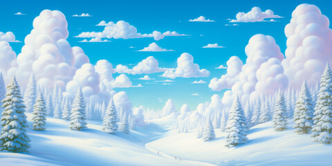 Winter white snow fantasy landscape, fluffy cotton clouds, forest trees, blue sky, banner, background