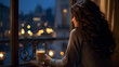 A moment of quiet reflection--an image of a beauty young woman by a window, gazing at winter lights in the city, holding a cup of tea, and capturing the serene beauty of the evening. 