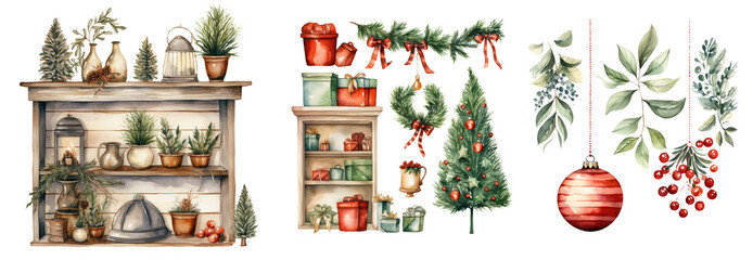 Wall Mural - Watercolor Christmas ournament set. Hand drawn winter bouquets isolated on white background. 