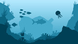 Fototapeta Do akwarium - Underwater landscape vector illustration. Bottom sea landscape with fish, coral reef and shipwreck. Sea world silhouette for background, wallpaper or landing page. Deep sea landscape vector background