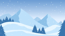 Snowy Mountain Landscape Vector Illustration. Landscape Of Snow Covered Mountain In Winter Season. Winter Mountain Landscape For Background, Wallpaper Or Landing Page