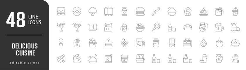 Wall Mural - Delicious CuisineLine Editable stoke Icons set. Vector illustration in modern thin lineal icons types: Brocoli, Donut, Eggs, Bottle, Ribs,  and more.