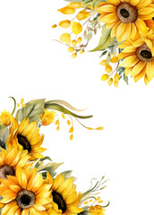 Watercolor sunflowers frame border ornament set. Hand drawn  isolated on transparent background.