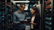 © Wararat - Administrator and Male IT Specialist talk, Data Center Female System, Use Laptop in Cloud Computing Server Farm.