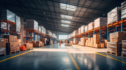 Large Warehouse, Product distribution center, Retail warehouse full of shelves with goods in cartons, with pallets and forklifts. Logistics and transportation concept.