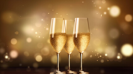 Glasses of champagne with gold glitter and beutiful bokeh background with copy space.New year celebration.