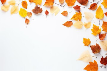 Sticker - Autumn artwork Leafy frame on white backdrop Flat lay overhead empty area