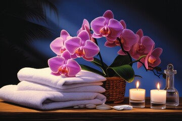 Poster - The spa scene showcases scented candles, an orchid blossom, and a towel in a still-life composition.