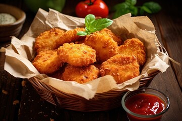 Wall Mural - Chicken nuggets in a basket with parchment paper and chili tomato sauce on a wooden background captured at a close range