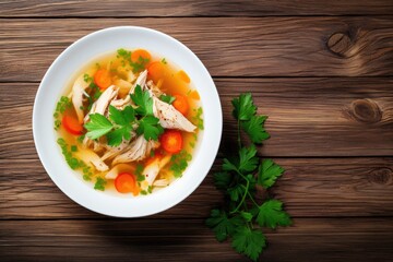 Wall Mural - Chicken vegetable soup homemade on white wood background