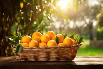 Poster - Freshly picked oranges in a basket on a wooden table with an orange grove backdrop and sunlight Horizontal front view