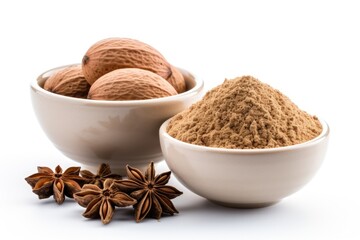 Poster - Indian spices including ground nutmeg displayed in white bowls