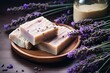 Handmade lavender soap and oils. Health, self-care. Essential aroma. Natural background. Top view, copy space, flat lay.