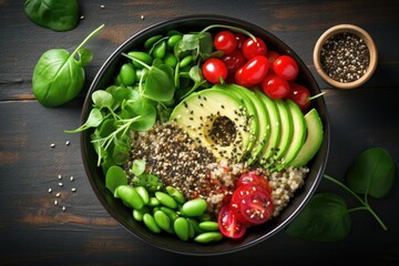 Wall Mural - Recipe for vegan Buddha bowl with quinoa veggies and toppings viewed from above