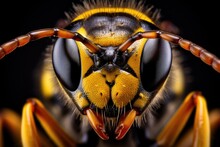 Macro Portrait Of A Wasp On Black Background With Full Face Details And Depth Of Field