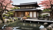 A Traditional Japanese Home With Sliding Paper Doors, A Minimalist Garden, And A Small Wooden Bridge Over A Koi Pond.