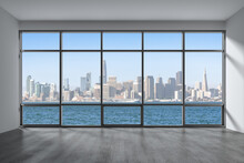Empty Room Interior Skyscrapers View Cityscape. Downtown San Francisco City Skyline Buildings From High Rise Window. Beautiful California Real Estate. Day Time. 3d Rendering.