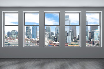 Empty room Interior Skyscrapers View. Cityscape Downtown Seattle City Skyline Buildings from High Rise Window. Beautiful Real Estate. Day time. 3d rendering.