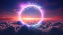 Beautiful Neon Colorful Cloud With A Rainbow Ring Background, In The Style Of Luminous Light Effects, Realistic Landscapes With Soft Edges, Dark Violet And Orange.