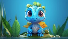 A Cute Little Blue Lizard Dinosaur Standing On A Stone With Green Leaves And A Pool Of Water