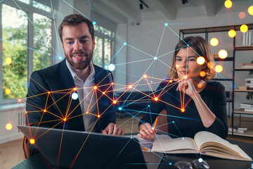 Wall Mural - thoughtful businesspeople typing on laptop at office workplace. concept of team work, business educa