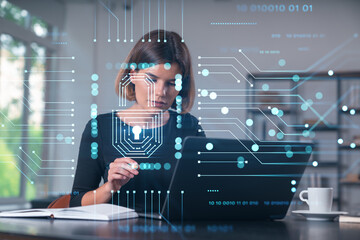 Wall Mural - Pensive attractive beautiful businesswoman in formal wear working on laptop at office workplace in background. Concept of data protection information technology. lock icon hologram.