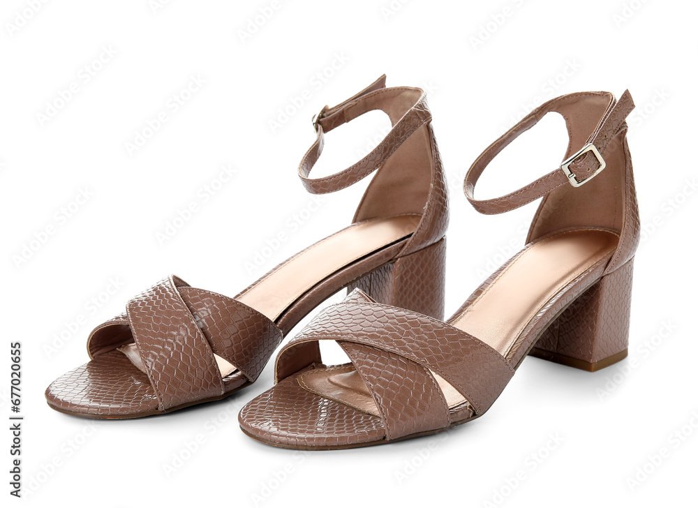 Stylish brown sandals on white background