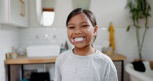 Happy Little Girl, Brushing Teeth And Dental Care In Bathroom For Healthy Wellness And Hygiene At Home. Portrait Of Child Or Kid With Smile And Toothbrush For Clean Tooth Whitening, Oral And Mouth