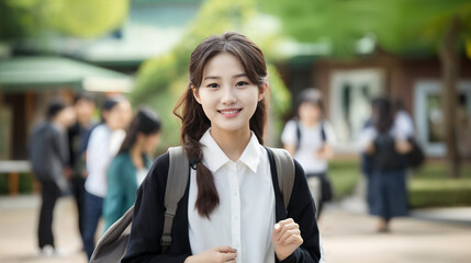 Wall Mural - Outdoor portrait of cheerful asian  female student with backpack and workbooks standing near college building, looking at camera and smiling