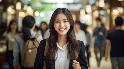 Wall Mural - Outdoor portrait of cheerful asian  female student with backpack and workbooks standing near college building, looking at camera and smiling