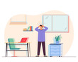 Man feeling disoriented at home. Vector illustration. Man standing in room and holding on head. Vertigo, dizziness, vestibular disorder concept