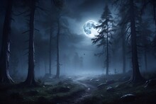 Forest In The Mid Night With Moon Shining In The Sky