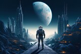 Fototapeta Kosmos - futuristic astronaut standing on the moon with new town, Generative AI